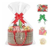 XWCHASA Empty Christmas Hamper Basket Kit for Gifts, Bamboo Basket with 2 Glass Bags, 2 Pull Bows, Greeting Card, Raffia, Label, Hamper Box for Christmas, Birthday, Baby Shower, Wedding Gift (Red)