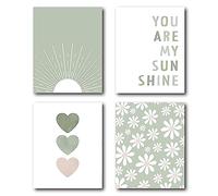 XWELLDAN Boho Sage Green Sun You Are My Sunshine Daisy Flower Heart Poster Wall Art Prints,Boho Gifts for Girls,Bohemian Wall Art Decor for Baby Girls Room Nursery,8 x 10 Inch Set of 4 Prints,Unframed
