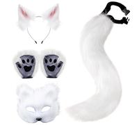 Xweptuy Fox Costume 1 Set Realistic Plush White Themed Decorative Therian Gear Includes Fox Mask, Ears, Tail and Paws for Masquerade Cosplay Party Halloween #·