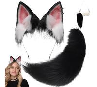 Xweptuy Fox Ear and Tail Set Furry Realistic Artificial Cute Fox Tail and Ears Decorative Black White Costume for Cosplay Party