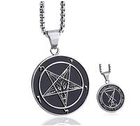 Xweptuy Men Stainless Steel Pendant Necklace Seal of Satan Sigil of Lucifer Both Sided Baphomet Goat Devil Inverted Pentagram Chain 26 Inch