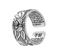 Xweptuy Open Finger Rings Sterling Silver Retro Lotus Flower Printing Adjustable Rings for Women