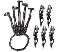 Xweptuy Skeleton Hand Bracelet with 5Pcs Full Finger Rings Punk Gothic Jewelry with Movable Joint Plated Alloy Halloween Jewelry for Cosplay, Party, Costume, Black