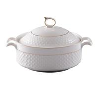 Xweptuy Soup Tureen, 1.5L White Ceramic Serving Bowl with Gold Border, Double Handle, Lid & Ladle Set