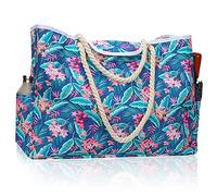 XWFB 29L Magnetic Snap Closure Beach Bag,7 Pockets Waterproof Pool Tote Bag, Foldable Sandproof Swimming Bag Red Flowers with Green Leaves