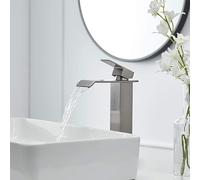 XWIHTR Waterfall Single-Handle Bathroom Tap, Water-Saving, Silent Operation, Basin Fitment, Anti-Drip; Dual Outlet Hot/Cold, Stainless Steel Brass Bathroom Tap (Brushed Finish - Tall)