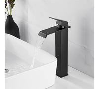XWIHTR Waterfall Single-Handle Bathroom Tap, Water-Saving, Silent Operation, Basin Mounted, Anti-Drip; Dual Hot/Cold Spouts, Stainless Steel Brass Bathroom Tap (Black - Tall)