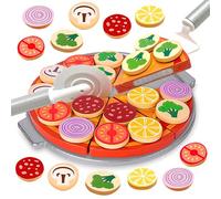 Xwin 30 Pcs Wooden Pizza Play Set for Kids, Slice Cutting Pretend Play Food Toy with Removable Toppings, Pizza Peel Cutter wheel & Box, Kitchen Cooking Simulation Gift Playset for children Ages 3+