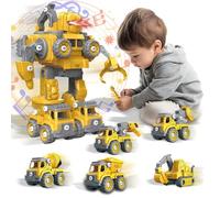 xwin 5-in-1 DIY Transformer Robot to Cars Set - 133-Piece Construction Vehicle Building Kit with Sound and Light Transform into Excavator, Mixer Truck, Loader, Drilling Machine, Robot for Kids 3+