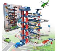 Xwin 82PCS Kids Garage Playset with Helipad, Multi-Story Car Parking Garage, Automatic Elevator with Lights and Sounds, Spiral Ramps, Cars, Helicopter and 78cm Playmat, Toy for Boys and Girls Age 3+
