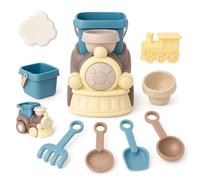 Xwin Beach Toys for Kids, 2-in-1 Train Bucket and Spade Set with Sand Moulds, Shovel & Rake, Sand Pit Toys for Toddlers, Outdoor Beach Playset Gift Age 3+ Years
