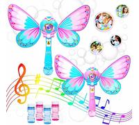 Xwin Butterfly Bubble Wand - 2PCS Automatic Bubble Maker with Lights, Music & 4 Bubble Solution Bottles, Fairy Wand Bubble Blower for Outdoor Garden Play, Gift Toy for Children Age 3+