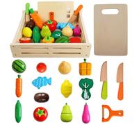 Xwin Sportseries 17 PCs Wooden Play Food Set for Children with Serving Tray, Pretend Play Wooden Food Cutting Toy with Fruit & Veggies for Kitchen, Educational Role Play Gift Set for Children Ages 3+