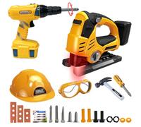 Xwin Sportseries 23PCs Kids Electric Tool Set - Interactive Yellow Drill and Jigsaw Pretend Playset Workshop Tools with Helmet, Goggles and Accessories for Kids Ages 3+ and Above