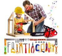 Xwin Sportseries 38 Pcs Kids Construction Tool Playset - Red Chainsaw with Realistic Sound Effects, Pretend Drill, Helmet and Accessories Toy- Educational Role Play Toy for Boys and Girls Ages 3+