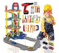 Xwin Sportseries 42PCS 4-Story Parking Garage Playset with Construction Tool Kit - Pretend Play Auto Parking Lot with Drill, Helmet, Cars, Ramps, and Accessories - Educational Toy for Toddler