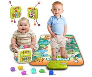 xwin sportseries 8PCS Baby Musical Dinosaur Mat & Sensory Shape Sorting Cube Play Set Educational Toy for Toddlers Ages 6+Months Interactive Touch-Activated Play Mat with Sound & Light Development Toy