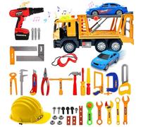 xwin sportseries Kids 17 Pcs Construction Tool Set and Large Yellow Tow Truck Wrecker Toy with Interactive Lights, Sounds, Movable Towing Mechanism Idel For Kids Age 3 and Up