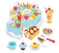Xwin Sportseries Kids Birthday Cake Toy, 75 PCs DIY Pretend Play Cake Decoration Accessorises with Musical Light Up Candle & Desserts Party Playset, Play Food Cutting Gift for Children 3+ Year - Blue