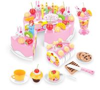 Xwin Sportseries Kids Birthday Cake Toy, 75 PCs DIY Pretend Play Cake Decoration Accessorises with Musical Light Up Candle & Desserts Party Playset, Play Food Cutting Gift for Children 3+ Year - Pink