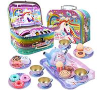 Xwin Sportseries Kids Unicorn Tea Party Set, 27PCS Tin Tea Set Toys with Teapot, Cups, Desserts and Carry Case, Princess Kitchen Playset Accessories Gift for Girls Age 3+ Years