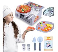 Xwin Wooden Pizza Playset - Play Food Sets with Pizza Cutting, Pretend Pizza Oven, Self-Stick Toppings, Menu, Utensils, Play Money - Cutting Toy for Kids Ages 3+ Years