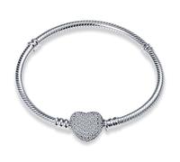 XWN 925 Silver Bracelet for Women, Pandora Moments Series Snake Chain Bracelet, Compatible with Pandora Charms, an Ideal Jewelry Gift for Women.(Crystal Dome Heart 17CM)