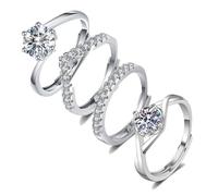 xwnyzw 4 Pcs Adjustable Rings for Women, Engagement Rings Cubic Zirconia Adjustable Silver Ring for Women, Open-Ended Thumb Ladies Ring, Elegant Silver Jewellery Suitable Daily Wear