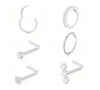 xwnyzw 6 Pcs 7/8mm Silver Nose Ring Silver NOse Studs, L Shape Nose Piercing NoSE Rings,NoSE Piercing Jewellery, Applicable for Birthday Graduation Mothers' Day Thanksgiving Noses PierCings