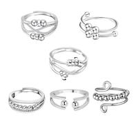 xwnyzw 6 PCS Fidget Rings for Women, Adjustable Rings for Women Anxiety Ring, Open Spinner Bead Silver Ring Anxiety Reliever Jewelry, Suitable Gifts Girlfriends Mothers and Daughters