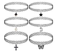 xwnyzw 6 Pcs Gothic Choker Necklaces for Women Set, Black Choker Necklace for Women with Moon Star Pearl Butterfly Cross Fashion Accessories, Lace Choker Gothic Jewellery Black Chocker Teen Girls