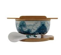 XWORLD Japanese Ceramic Ramen Noodle Bowls Set with Ceramic Spoon, Bamboo Chopsticks, Lid & Trivet, Serving Capacity of 33.8 OZ, Microwavable Oven Safety (3.3” x 6.6” D) (Blue Sea)
