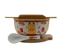 XWORLD Japanese Ceramic Ramen Noodle Bowls Set with Ceramic Spoon, Bamboo Chopsticks, Lid & Trivet, Serving Capacity of 33.8 OZ, Microwavable Oven Safety (3.3” x 6.6” D) (Lucky Cat)