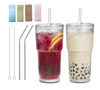 XWXO Glass Cups with Lids and Straws,20 OZ Glass Tumbler Glassware Cups Set of 2, Clear Reusable Iced Coffee Cup for Smoothies, Whiskey, Soda, Juice, Hot and Cold Drinks, Dishwasher Safety