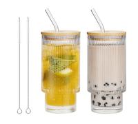 XWXO Iced Coffee Cups with Lids and Straws, 16 OZ Glass Tumbler with Bamboo Lid and Straw, Glasses Drinking Set for Coffee, Tea, Juice, Smoothies, Hot or Cold Drinks at Home, Office (Medium-16OZ)