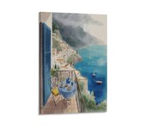 XWYMXZ Amalfi Coast Italy Vintage Watercolor Canvas Wall Art