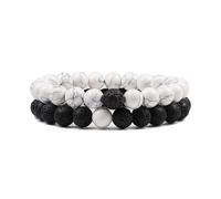 XXCLW Set Bracelet Couples Distance Black White Natural Lava Stone Tiger Eye Beaded Yoga Bracelets For Men Women Elastic Rope Jewelry(8mm white black)