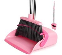 XXFLOWER Broom and Dustpan Set, Dustpans with Broom Combo for Home, Heavy Dust Broom and Dustpan Combo, Long Handle Dust Pan and Broom Set for Kitchen, Office, Pet Hair,Pink, Pack of 1