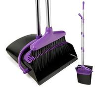 XXFLOWER Dustpan and Brush Sets Long Handle Broom and Dustpan Set with Comb Teeth Upright Sweeping Brush Set for Indoor Kitchen Purple