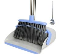 XXFLOWER Long Handle Dustpan and Brush Set, Soft Bristles,Gray Blue