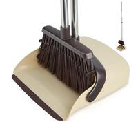 XXFLOWER Long Handle Dustpan and Brush Sets, Broom and Dustpan Set with Comb Teeth, Sweeping Brush Set for Indoor Kitchen Lobby Office Sweeping Pet Dog Hair, Household Cleaning Supplies (Brown Beige)