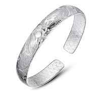 XXHNBF Women's Bracelet, Women 925 Silver Bracelet Chinese Dragon Carving Adjustable Cuff Bangle Friendship Bracelet Ladies Silver Jewellery Bi