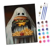 XXHXIE Paint by Numbers for Adults DIY Painting by Numbers Kits Ghost Eating a Burger with Acrylic Paints Pre Printed Canvas and Brushes Gift Wall Decor 16x20 inch with Frame