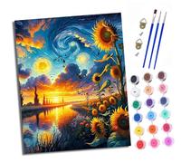 XXHXIE Paint by Numbers for Adults DIY Painting by Numbers Kits Moonlight Sunflower Creek with Acrylic Paints Pre Printed Canvas and Brushes Gift Wall Decor 16x20 inch Without Frame