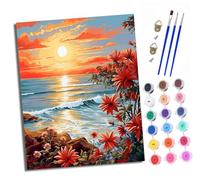 XXHXIE Paint by Numbers for Adults DIY Painting by Numbers Kits Sunset and Flowers by The sea with Acrylic Paints Pre Printed Canvas and Brushes Gift Wall Decor 16x20 inch Without Frame