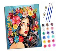 XXHXIE Paint by Numbers for Adults DIY Painting by Numbers Kits Women with Long Hair Decorated with Flowers with Acrylic Paints Pre Printed Canvas and Brushes Gift Wall Decor 16x20 inch Without Frame