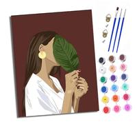 XXHXIE Paint by Numbers Kits for Adults Painting Kits for Beginners On Clear Symbols Colored Canvas Woman Covering her face with Green Leaves Easy DIY Paintwork for Home Wall Decor 16x20in Frameless