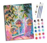 XXHXIE Paint by Numbers Kits for Adults Painting Kits for Beginners On Clear Symbols Colored Canvas Disco Ball by The Window Acrylic Pigment Drawing Paintwork for Home Wall Decor 16x20in with Frame