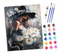 XXHXIE Paint by Numbers Kits for Adults Painting Kits for Beginners On Clear Symbols Colored Canvas Wearing a Flower hat and Holding Daisies Easy Acrylic Pigment Drawing Paintwork for Home Wall Decor