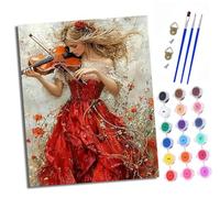 XXHXIE Paint by Numbers Kits for Adults Painting Kits for Beginners On Clear Symbols Colored Canvas Woman in red Plays Violin Easy Acrylic Pigment Drawing Paintwork for Home Wall Decor Frameless